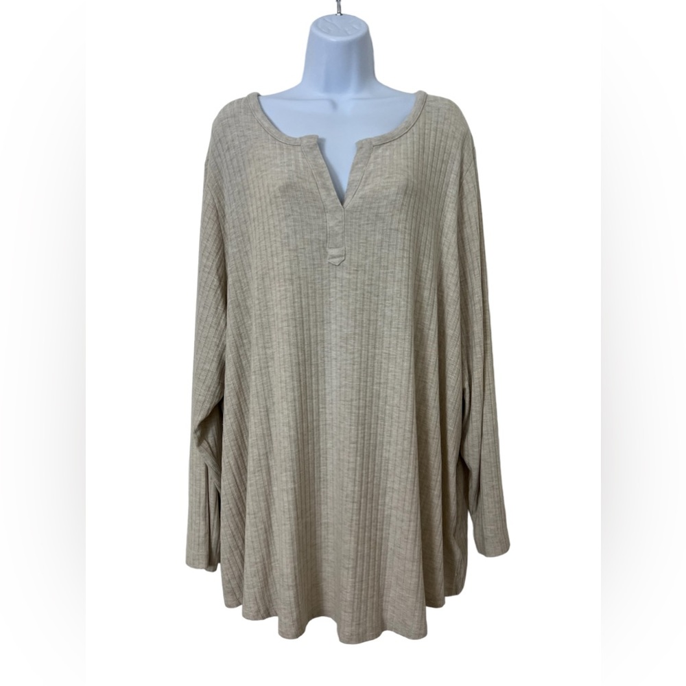 Lands' End Women's Plus Oatmeal Heather Rib Split Neck Long Sleeve Size 3X